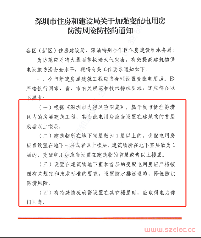 深圳市住房和建设局关于加强变配电用房防涝风险防控的通知 2024.1.8